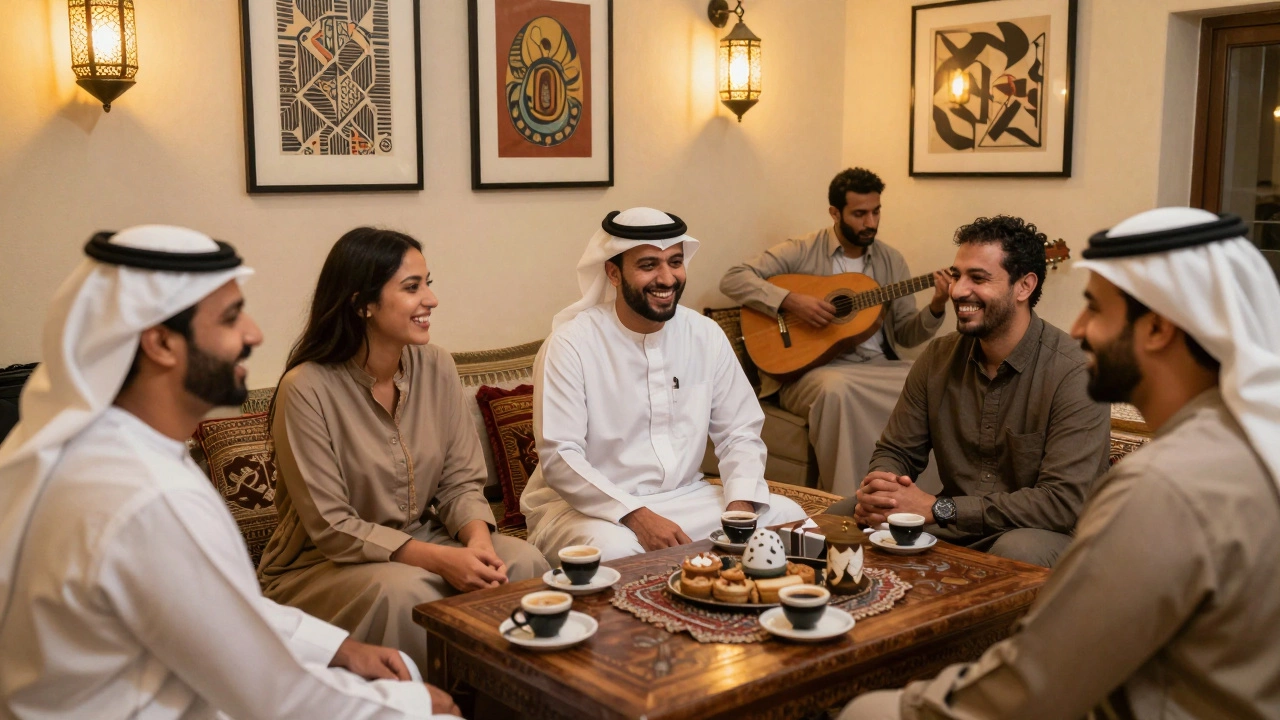 A diverse group of people enjoying a cultural evening in Dubai with coffee, art, and live music.