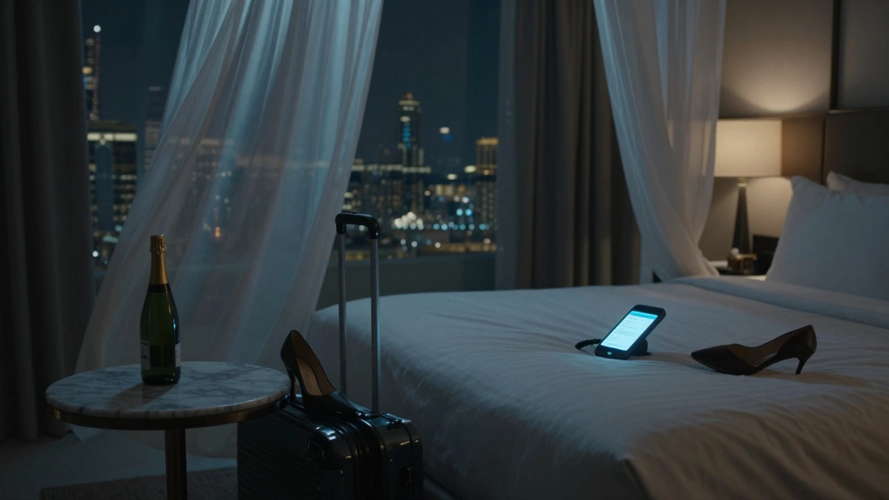 An empty luxury hotel room in Dubai with a glowing phone and a single high heel, suggesting a hidden moment.