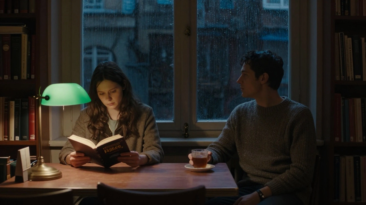 Two strangers read silently at a library table in Paris, separated by tea cups and shared silence.