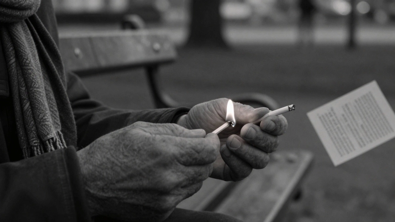 Weathered hands lighting a cigarette beside a park bench, scarf and poetry page in soft focus.